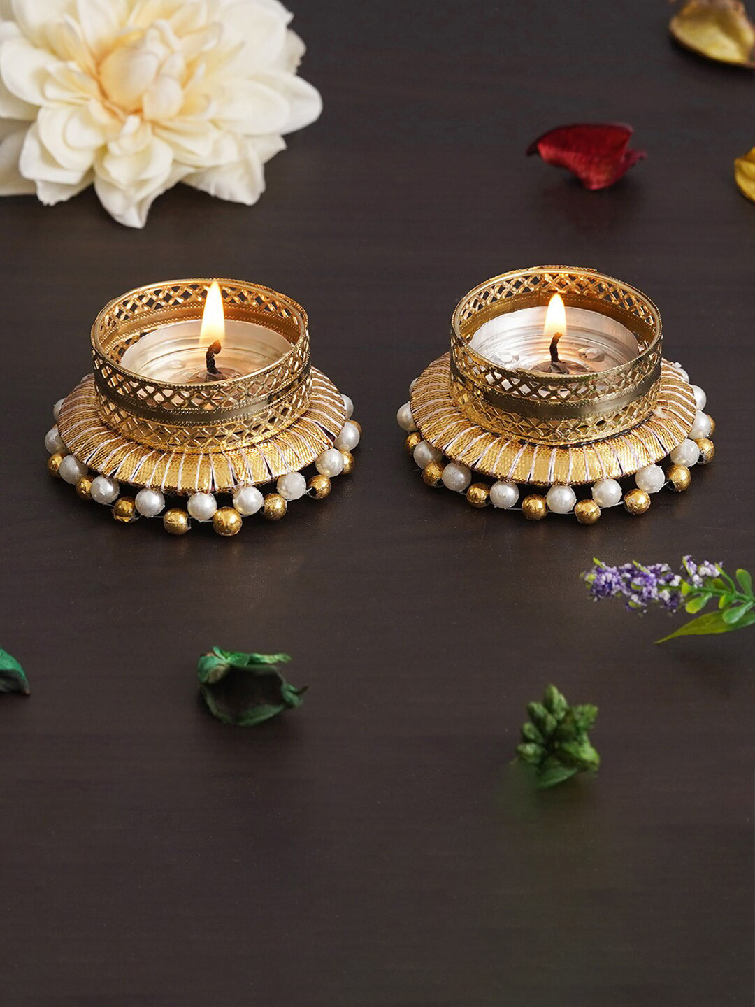 eCraftIndia Gold Toned & White 2 Pieces Textured Round Shaped Metal Candle Holders