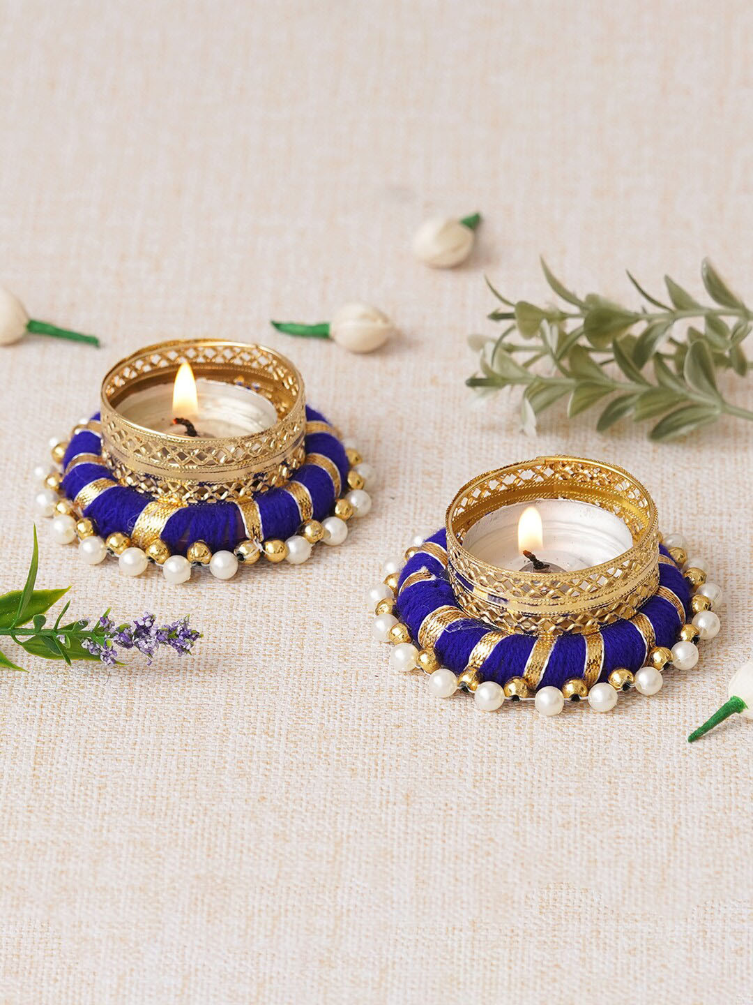 eCraftIndia Blue & Gold Toned 2 Pieces Textured Round Shaped Metal Candle Holders