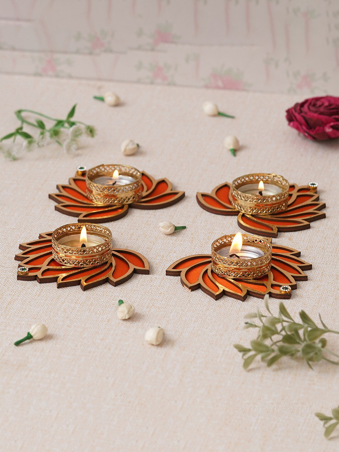eCraftIndia Gold Toned & Red 4 Pieces Beautiful Lotus Design Tea Light Candle Holders