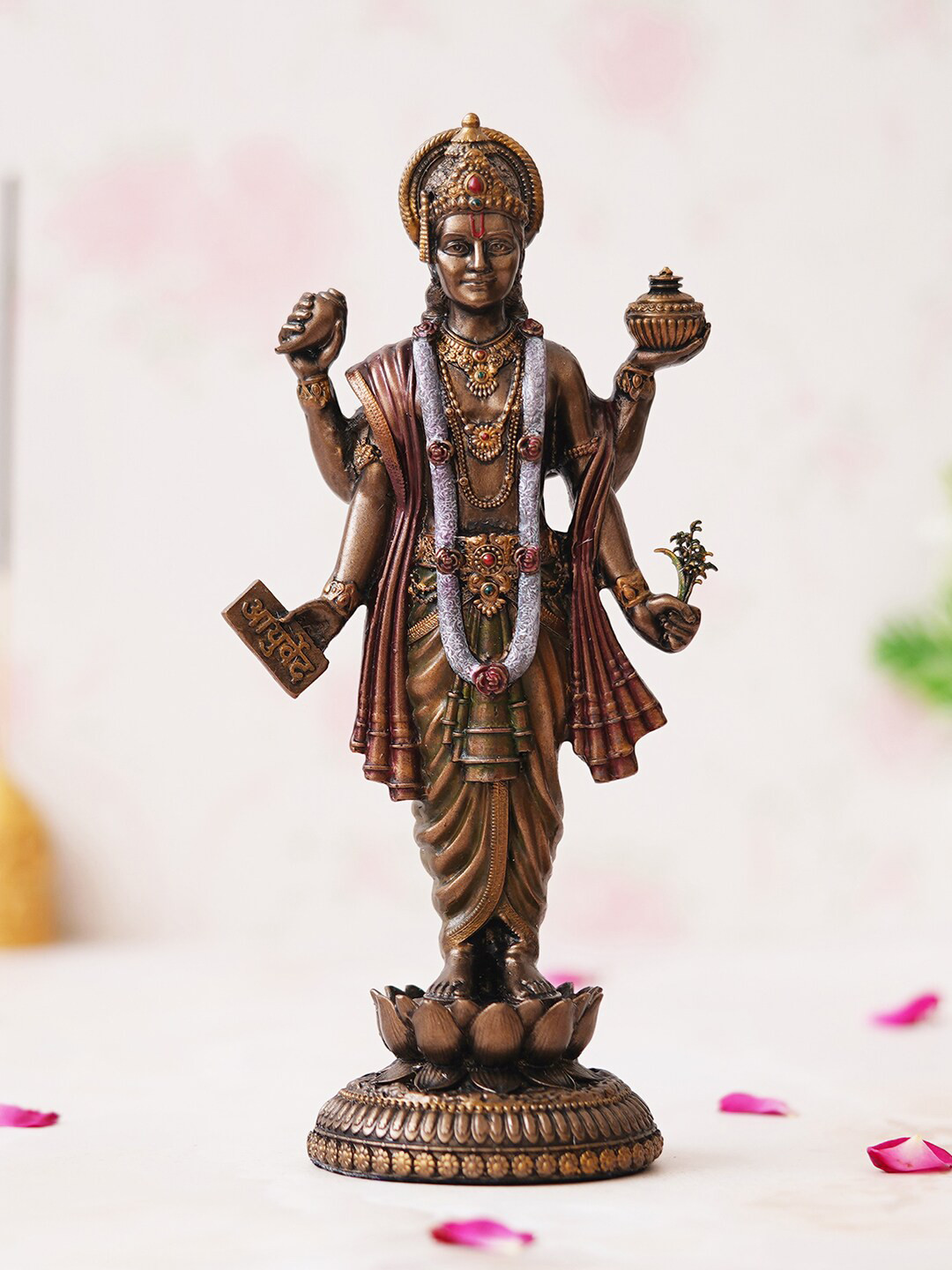 eCraftIndia Lord Dhanvanthri Brown Polyresin Glossy Prayer Room Medium Showpiece - 2.8 Inches