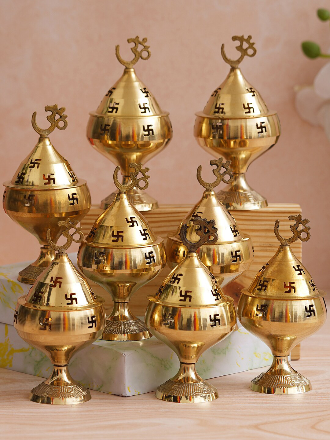 eCraftIndia 8 Pieces Beige Om & Swastik Symbol Decorative Akhand Diyas