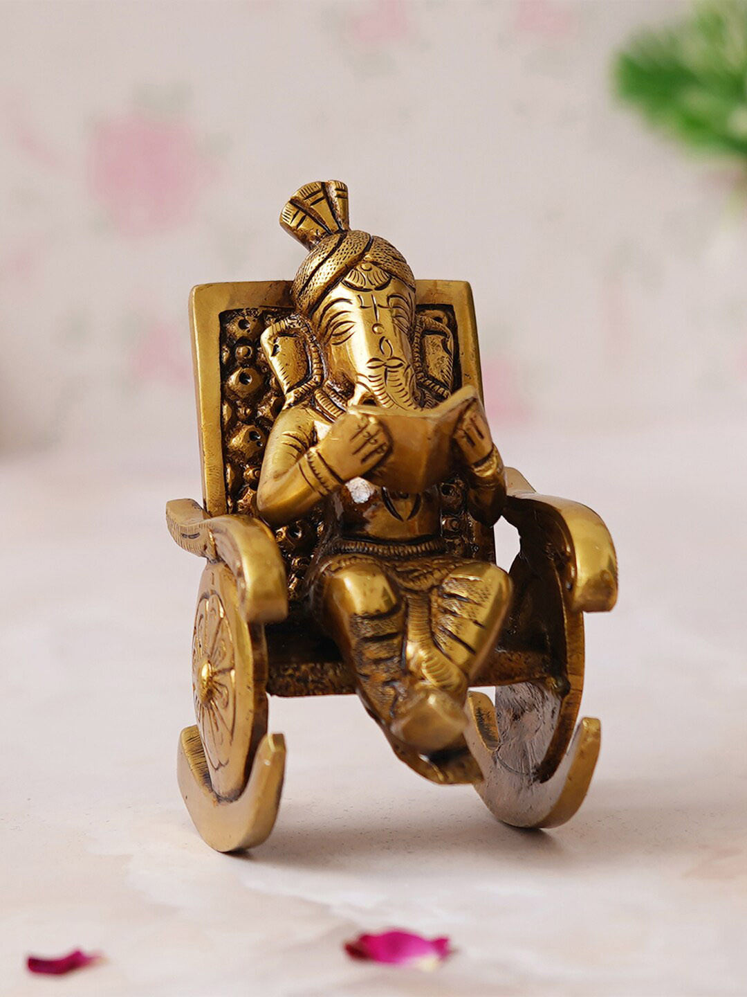 eCraftIndia Lord Ganesha Sitting on a Chair and Reading Book Gold Brass Metallic Prayer Room Hand-Crafted Tiny Showpiece - 3.7 Inches