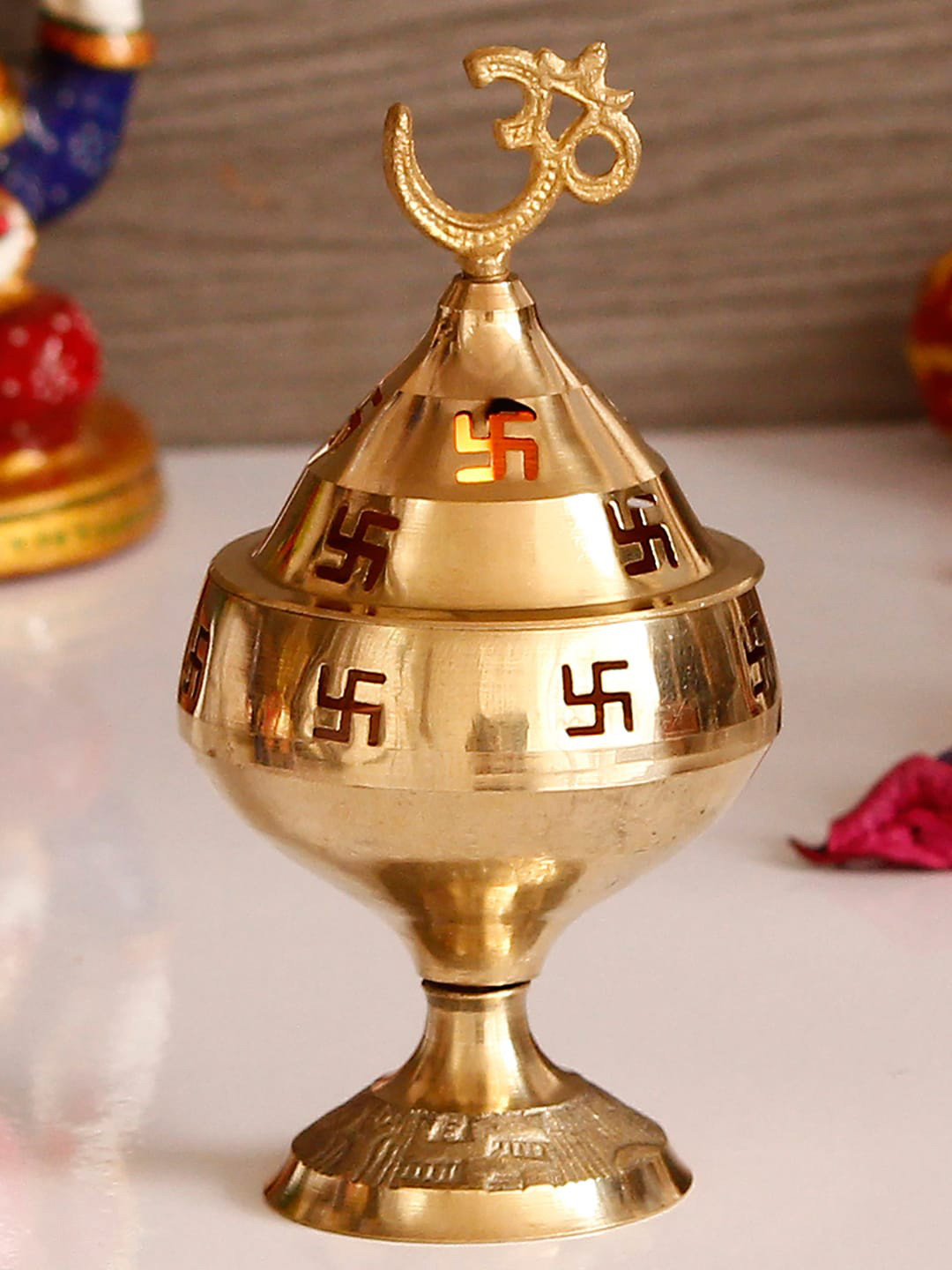 eCraftIndia 4 Pieces Beige Om & Swastik Symbol Akhand Diyas