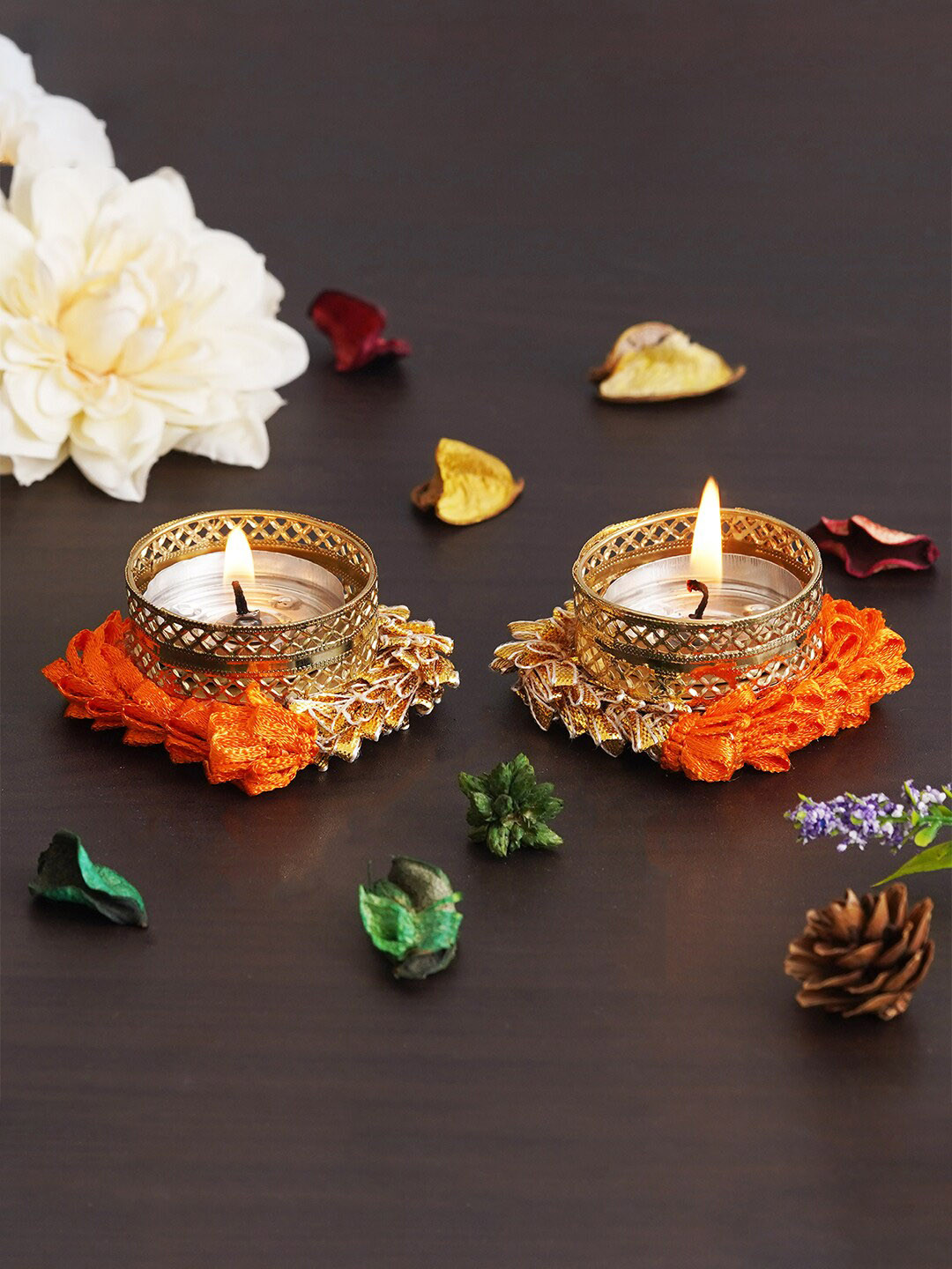 eCraftIndia Orange & Gold-Toned 2 Pieces Textured Round Metal Tea Light Candle Holders