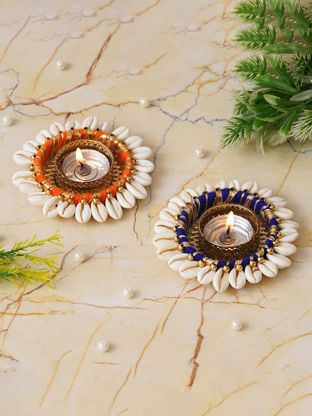 eCraftIndia Orange & Gold-Toned 2 Pieces Textured Round Metal Tea Light Candle Holders