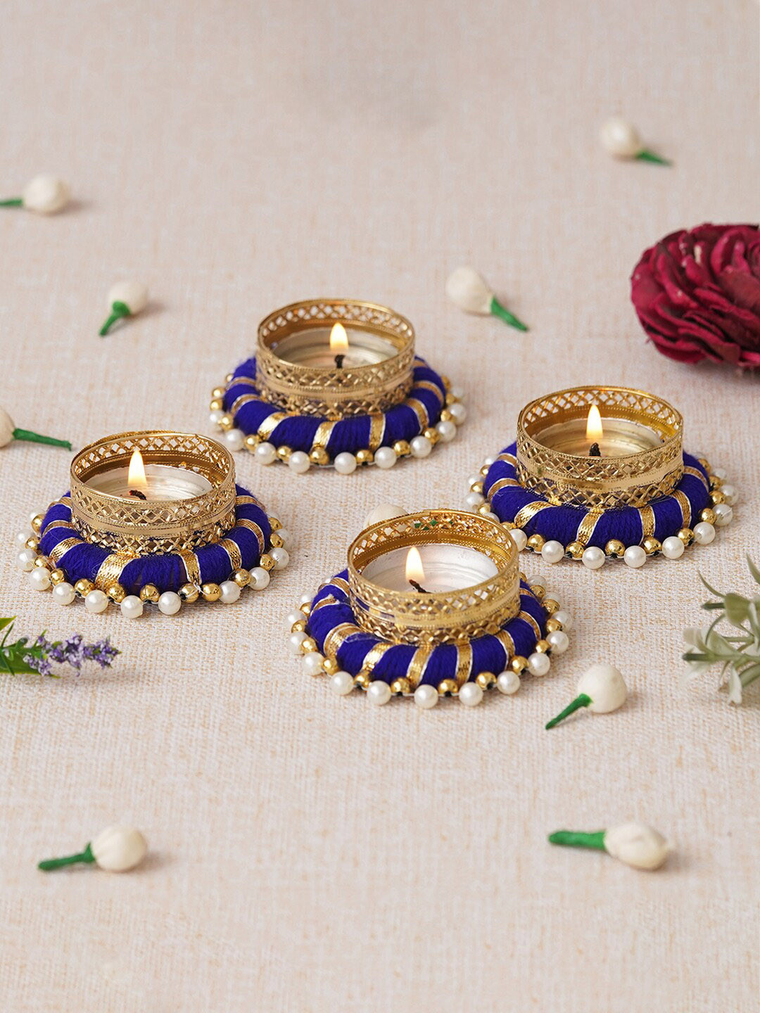 eCraftIndia Blue & Gold-Toned 4 Pieces Beaded Round Metal Tea Light Candle Holders
