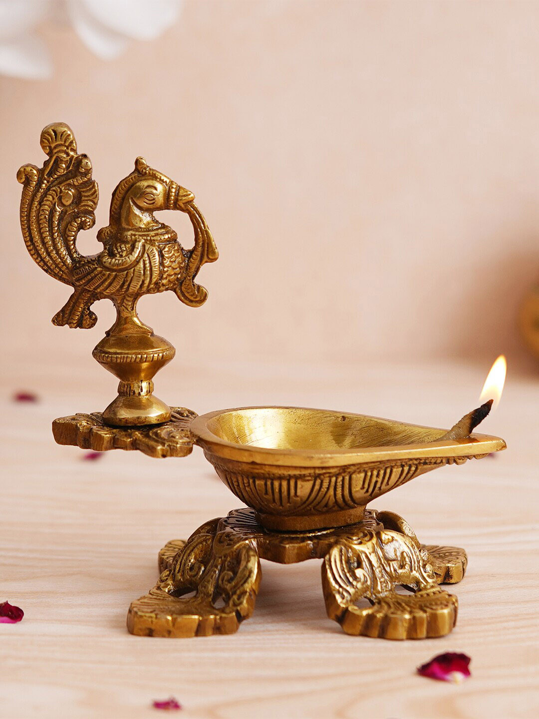 eCraftIndia 4 Pieces Beige Peacock Design Diya