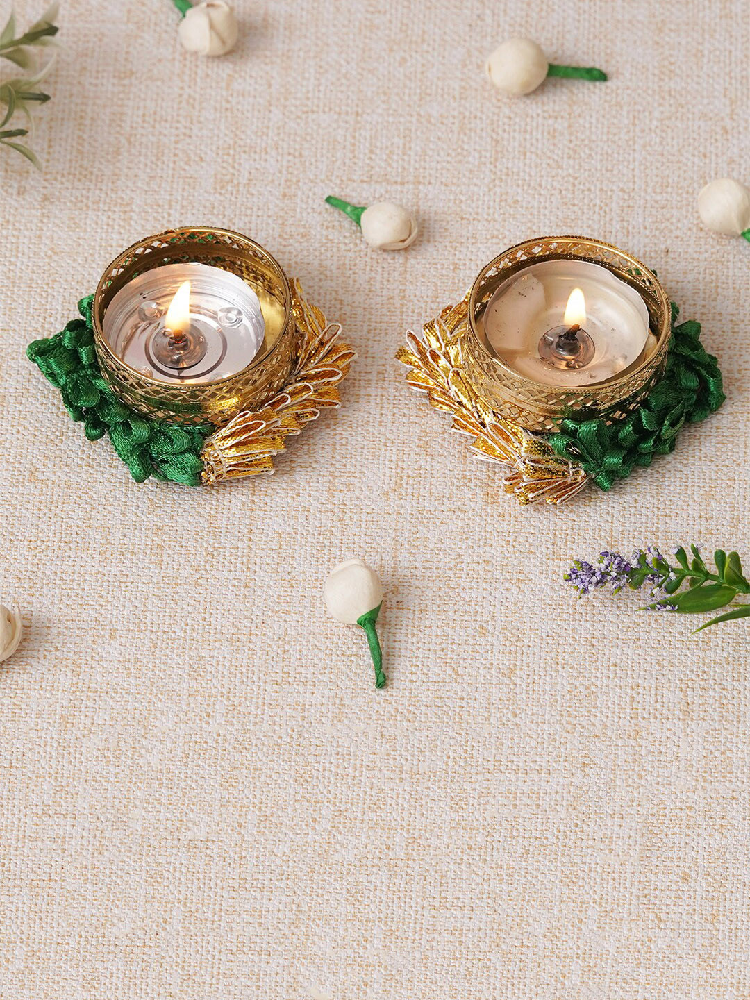 eCraftIndia Green & Gold-Toned 2 Pieces Textured Round Metal Tea Light Candle Holders