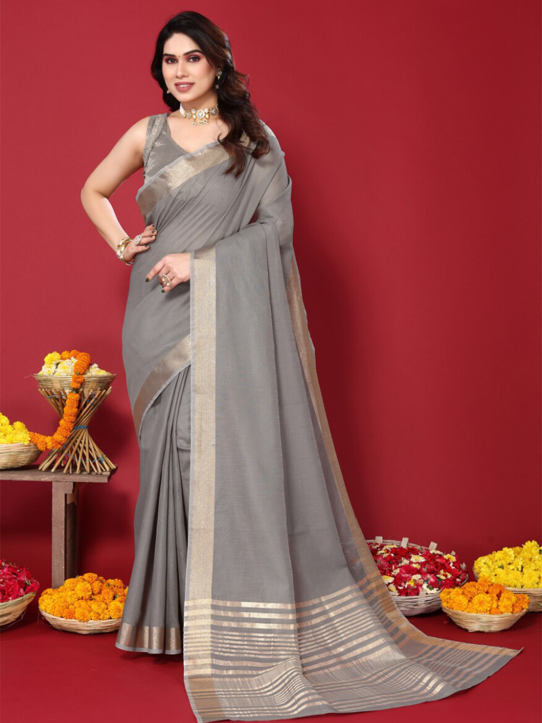 VASTRA-THE FACTORY STORE Cotton Blend Zari Saree
