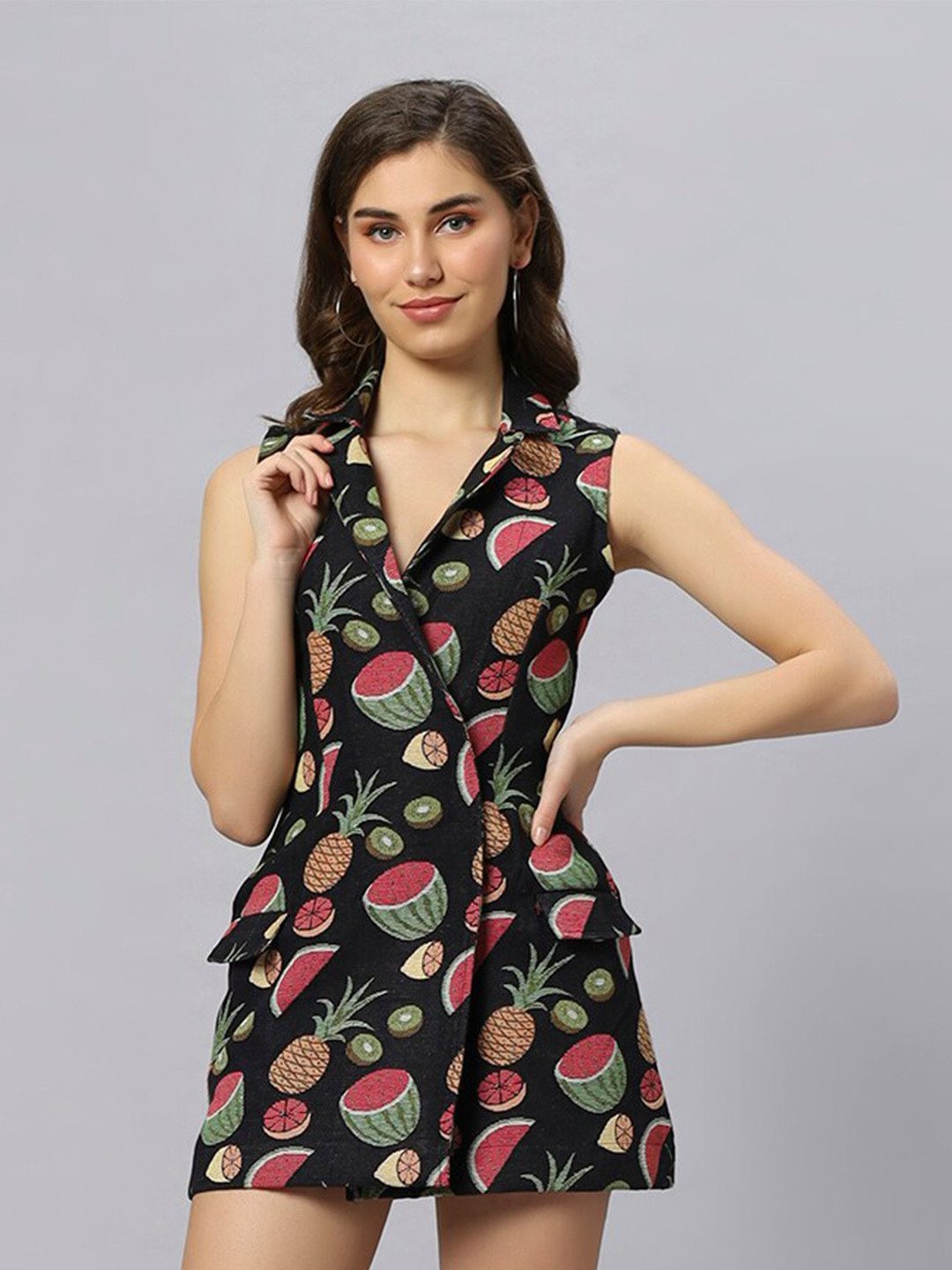 Ashtag Conversational Printed Jacquard Sleeveless Blazer Dress