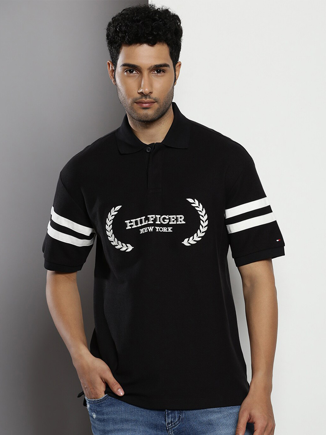 Tommy Hilfiger Polo Collar Self Design Embroidered Short Sleeves Pure Cotton T-shirt