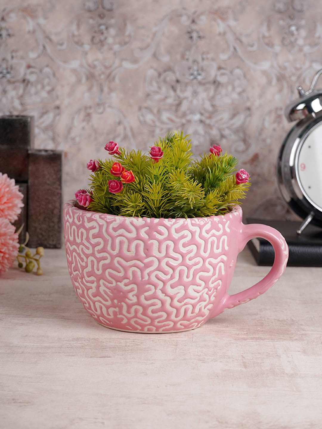 CDI Pink & White Textured Cup Shaped Ceramic Planter