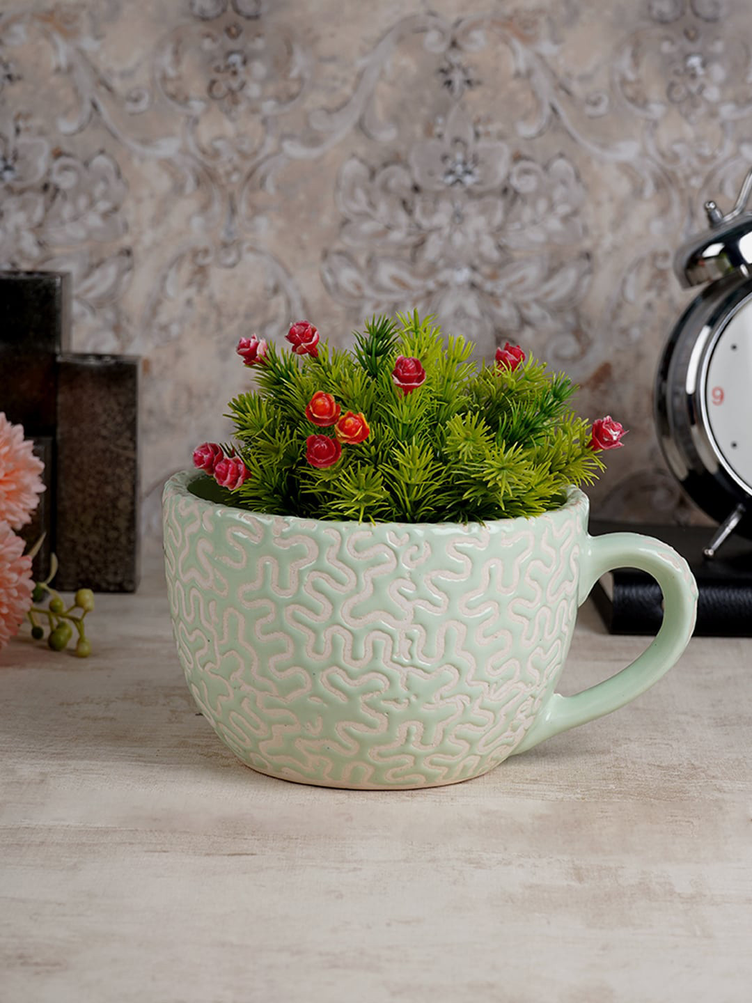 CDI Green & Pink Textured Cup Shaped Ceramic Planter