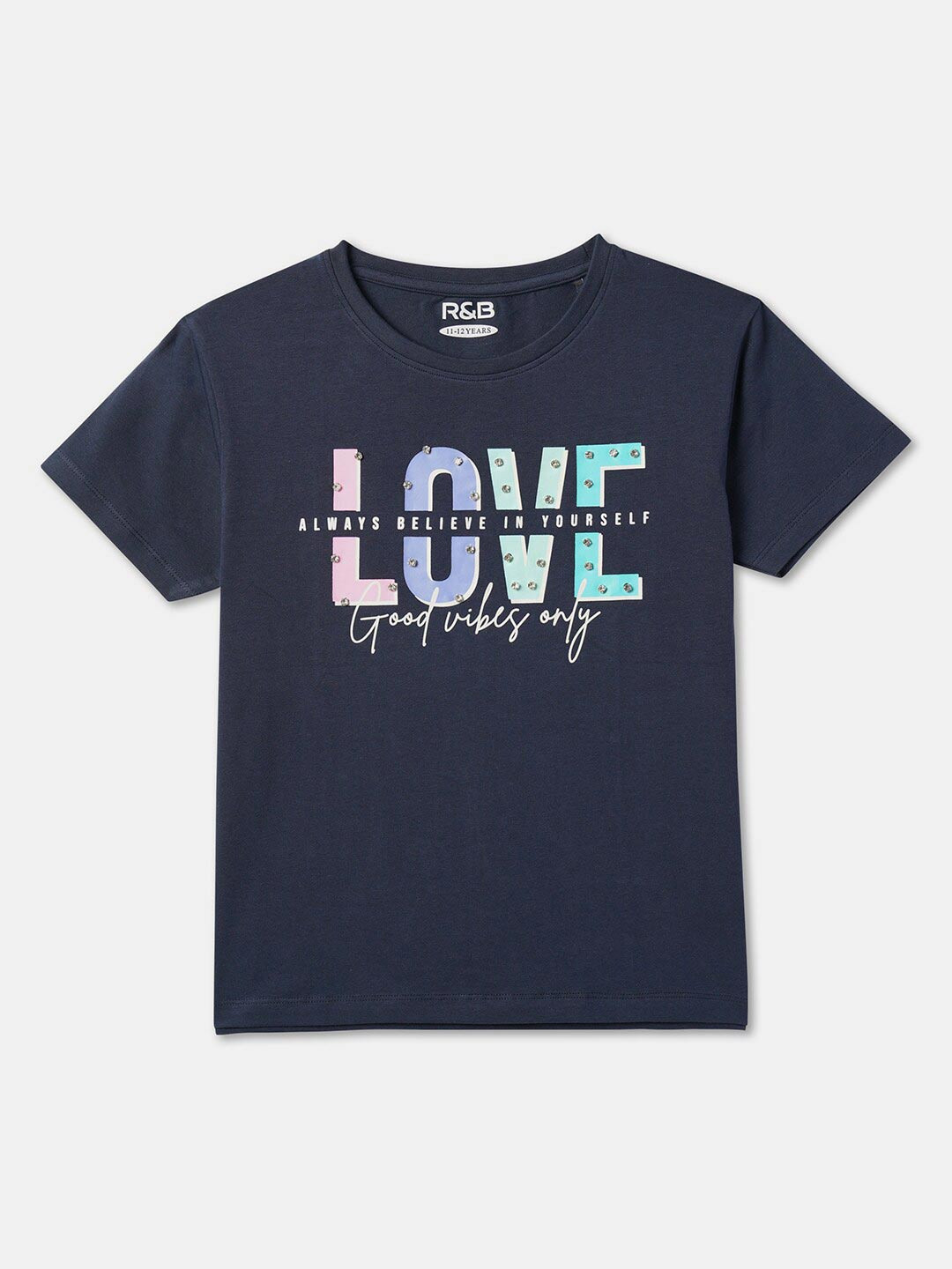 R&B Girls Round Neck Short Sleves Printed Cotton Top