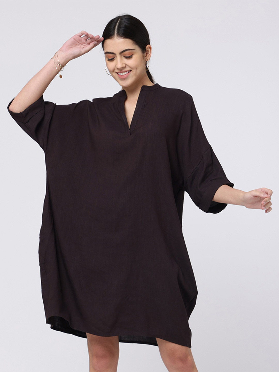 Saltpetre Mandarin Collar Extended Sleeves Above Knee Kimono Dress