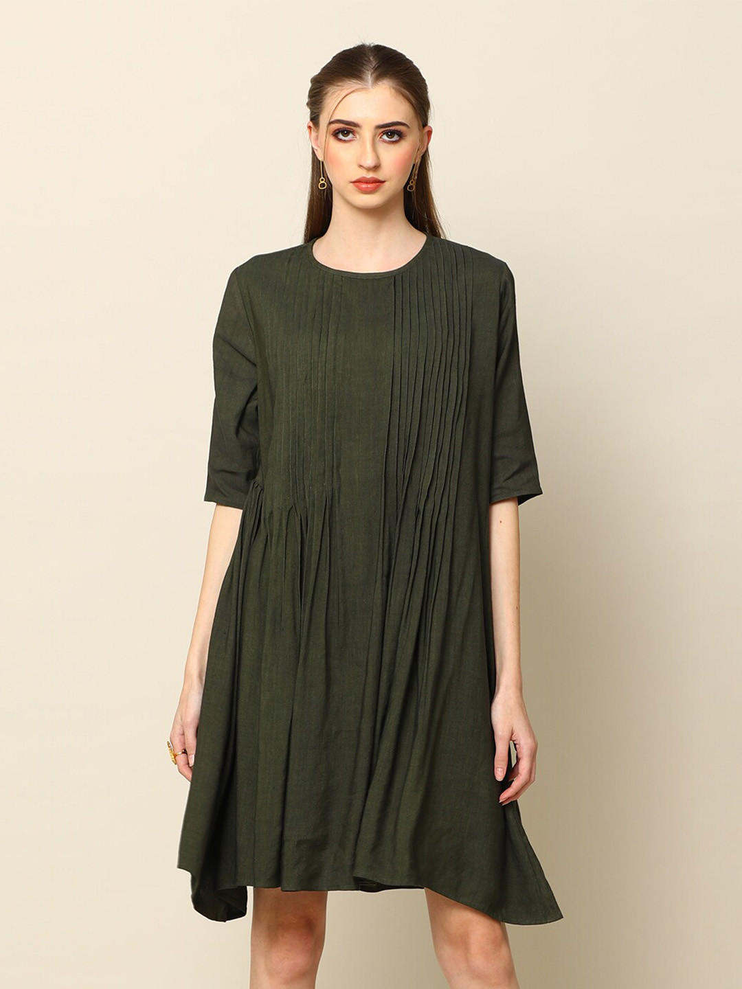 Saltpetre Pintuck Round Neck Above Knee A-Line Dress