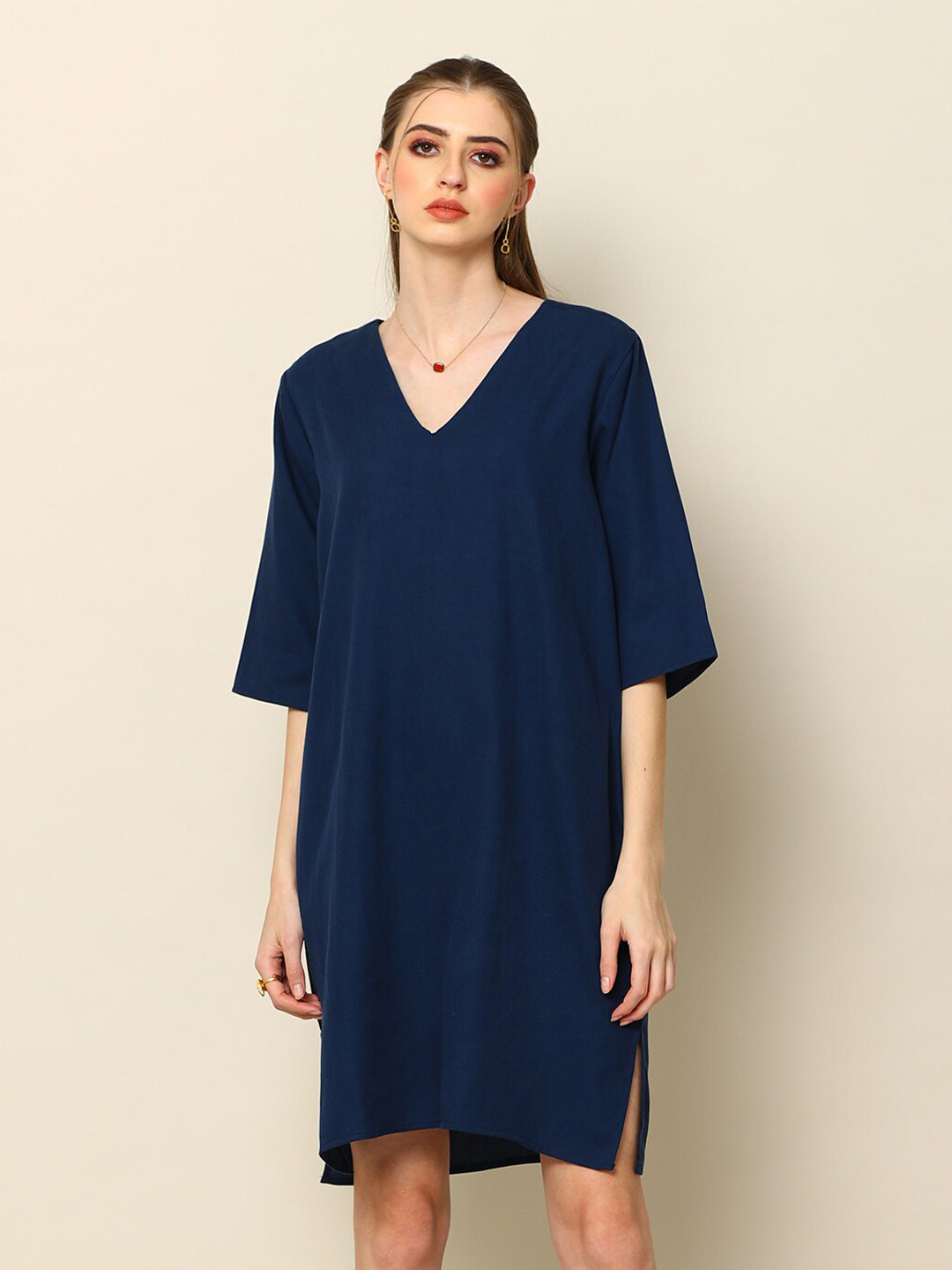 Saltpetre Navy Blue Three-Quarter Sleeves  V Neck A-Line Dress