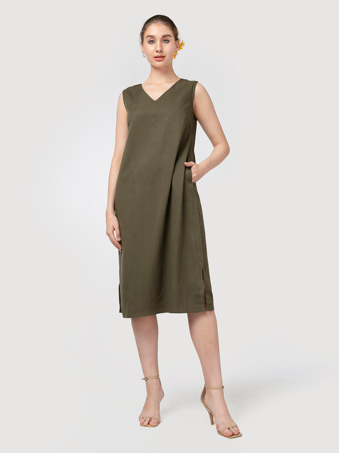 Saltpetre Olive Green Midi Sleeveless Shift Dress