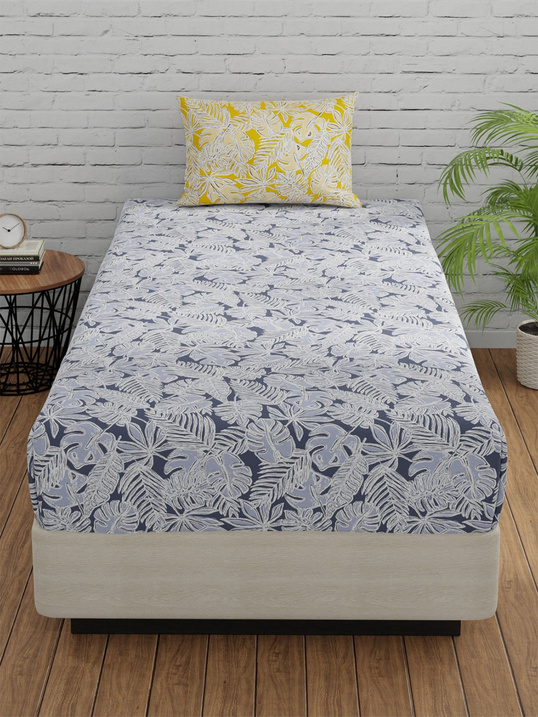 Huesland Yellow & Blue 2 Pieces Floral Cotton 144 TC Single Bedsheet with 1 Pillow Covers