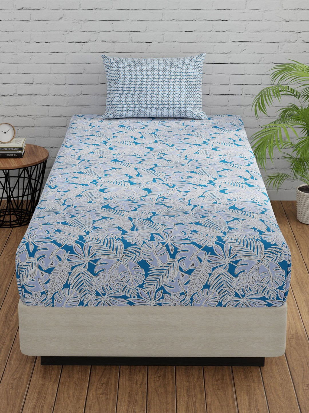 Huesland Blue Leaf Cotton 144 TC Single Bedsheet with a Pillow Cover-223 x 139 cm