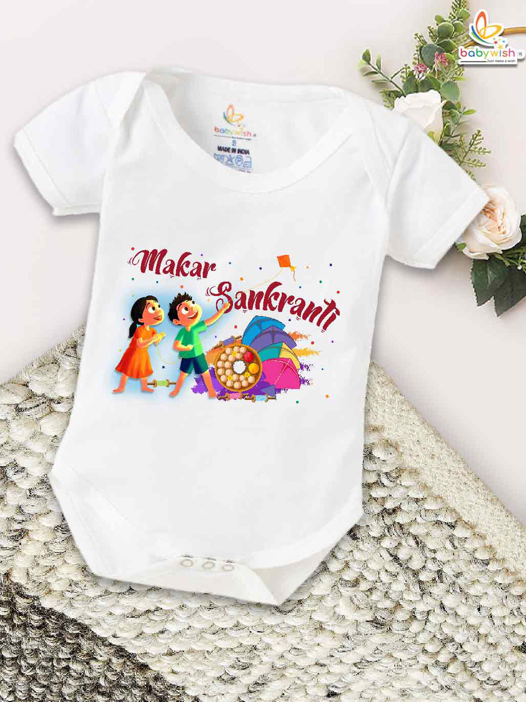 Babywish Kids Graphic Printed Makar Sankranti Special Cotton Bodysuit