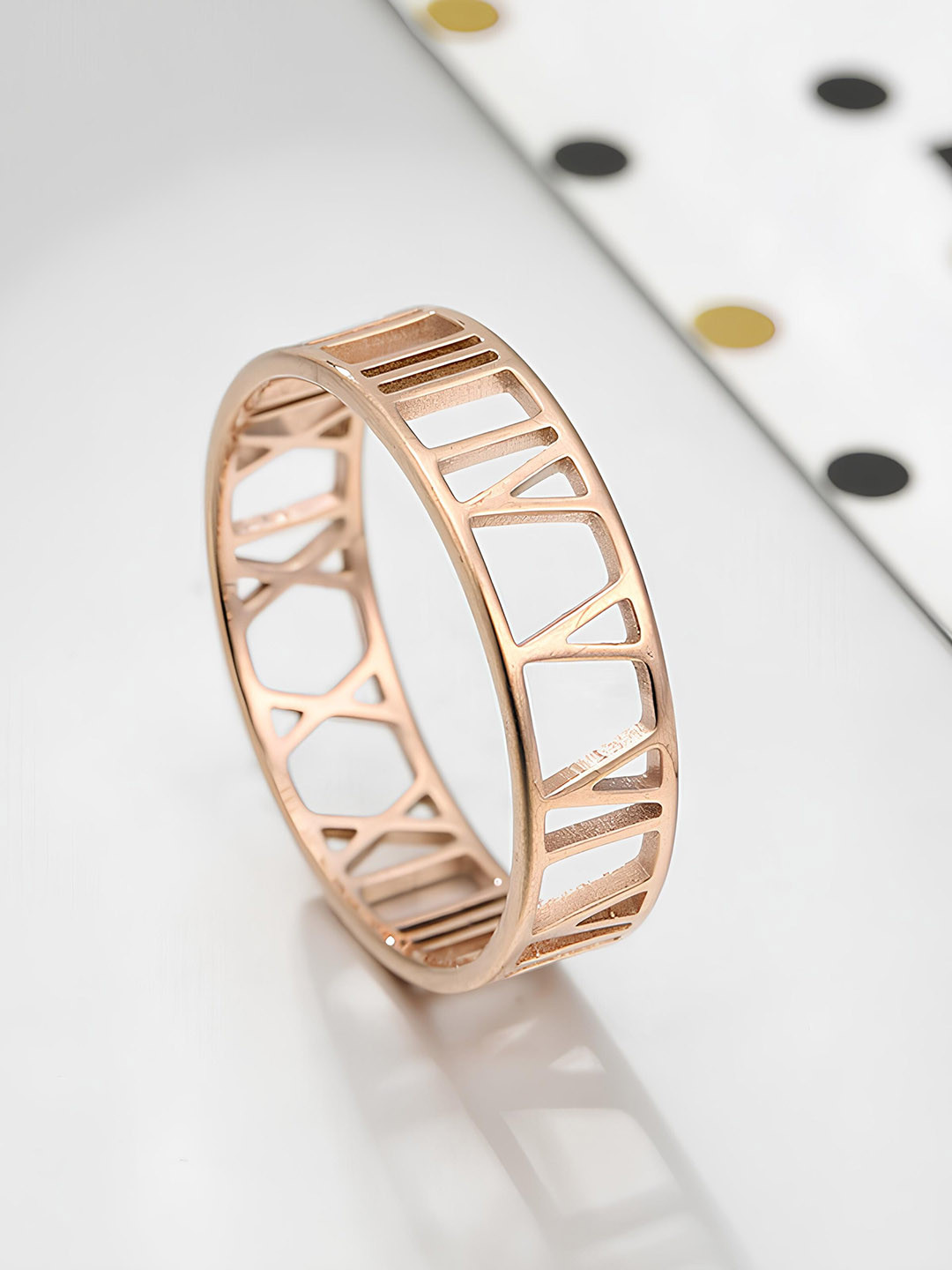 KARISHMA KREATIONS Unisex Rose Gold-Plated Hollow Design Stainless Steel Band Finger Ring