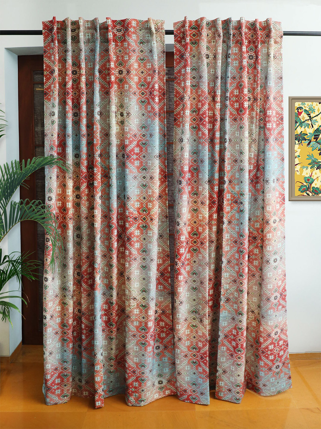 ZEBA Brown & Blue 2 Pieces Abstract Printed Black Out Door Curtains
