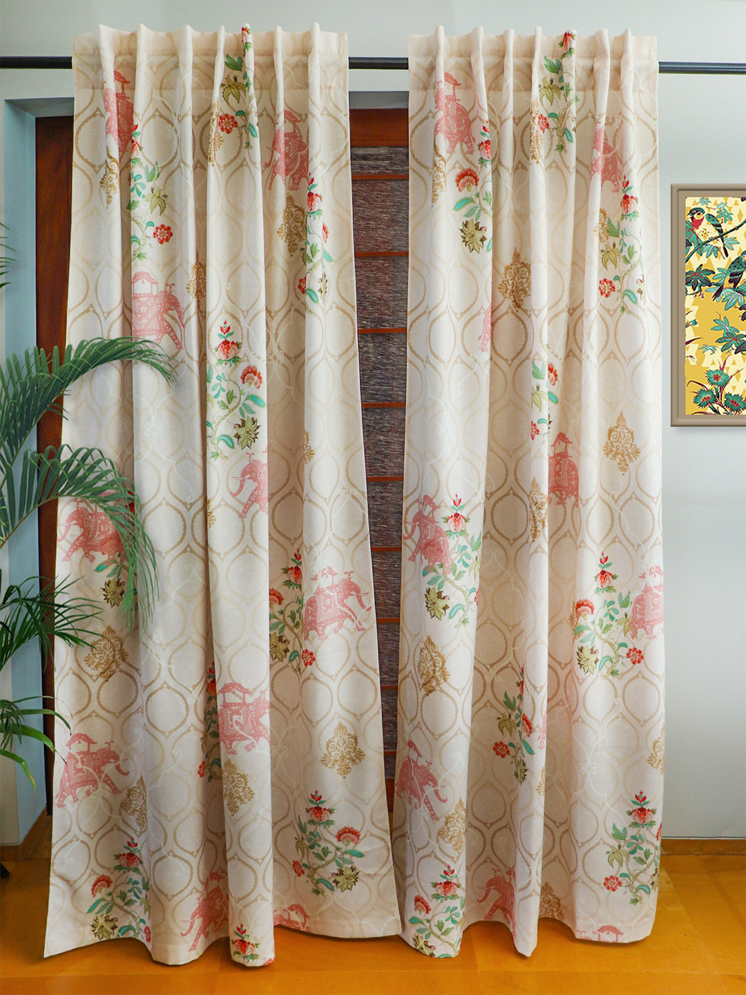 ZEBA Beige & Pink 2 Pieces Floral Printed Black Out Door Curtains