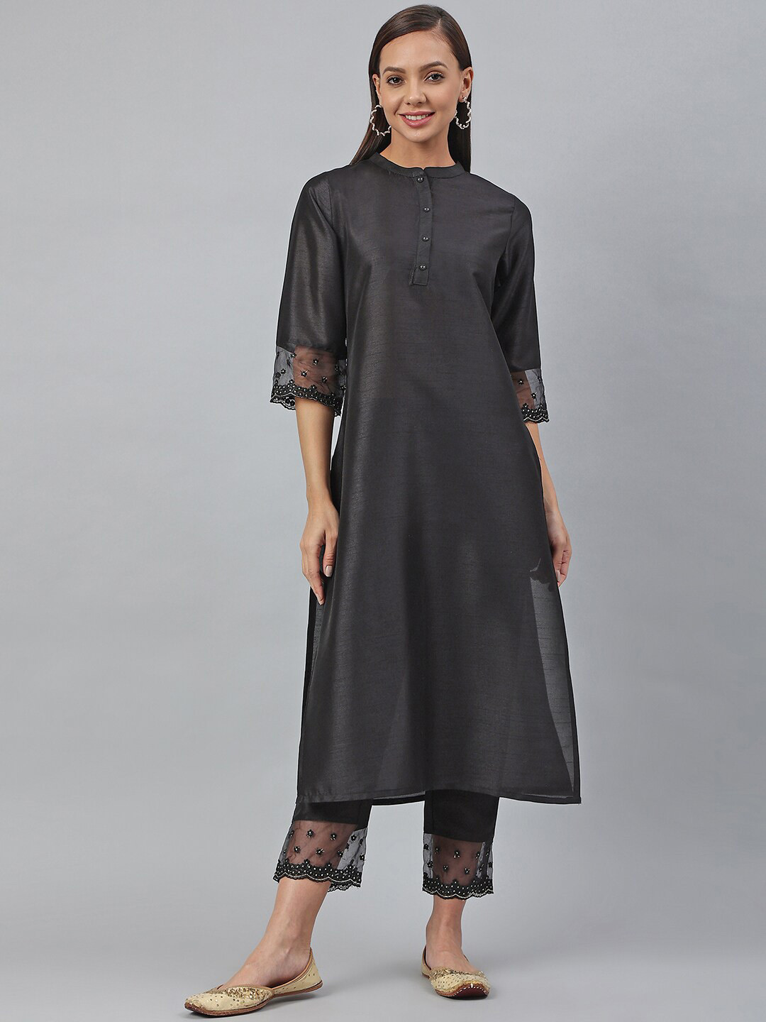 Janasya Women's Black Poly Silk Solid Kurta with Pant