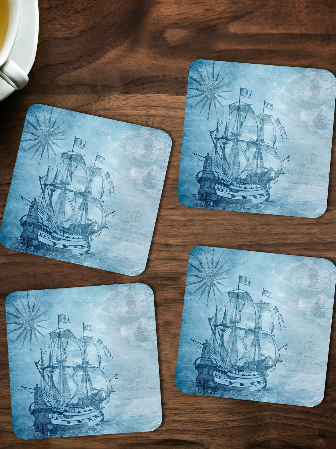 ARTBUG 4 Pieces Blue Ship Printed Coasters