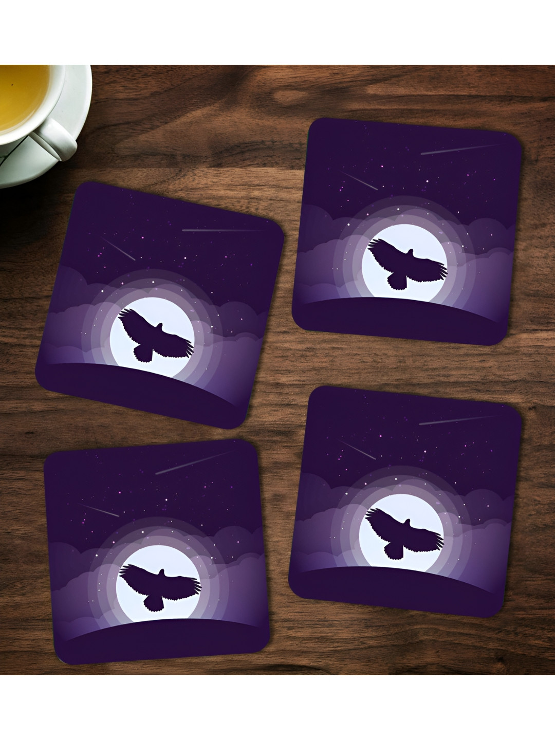 ARTBUG Violet & White 4 Pieces Printed Square Wooden Coasters