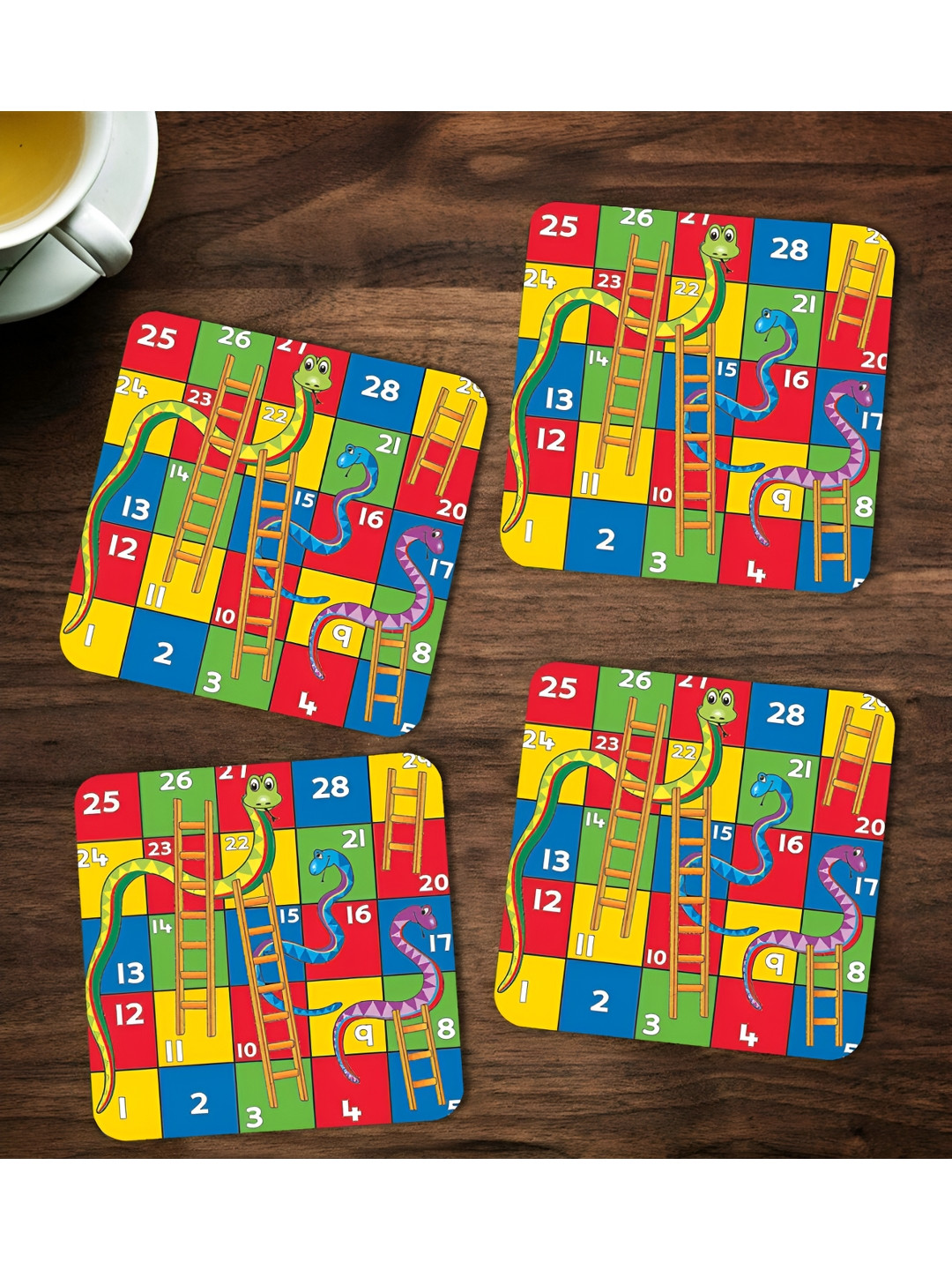 ARTBUG 4 Pieces Blue & Red Snake & Ladders Printed Coasters