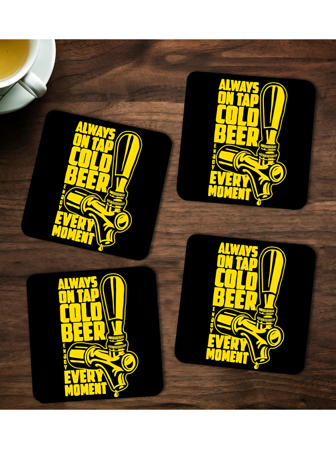 ARTBUG 4 Pieces Black & Yellow Always On Tap Cold Beer Printed Coasters