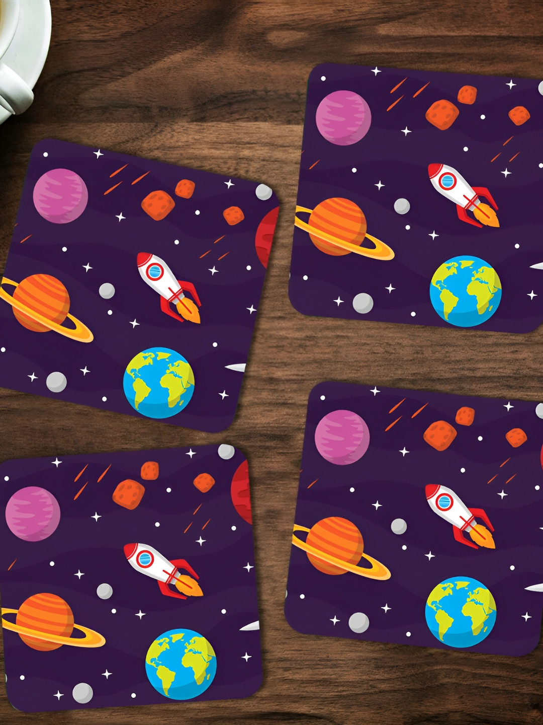 ARTBUG Navy Blue & Orange 4 Pieces Printed Square Wooden Coasters