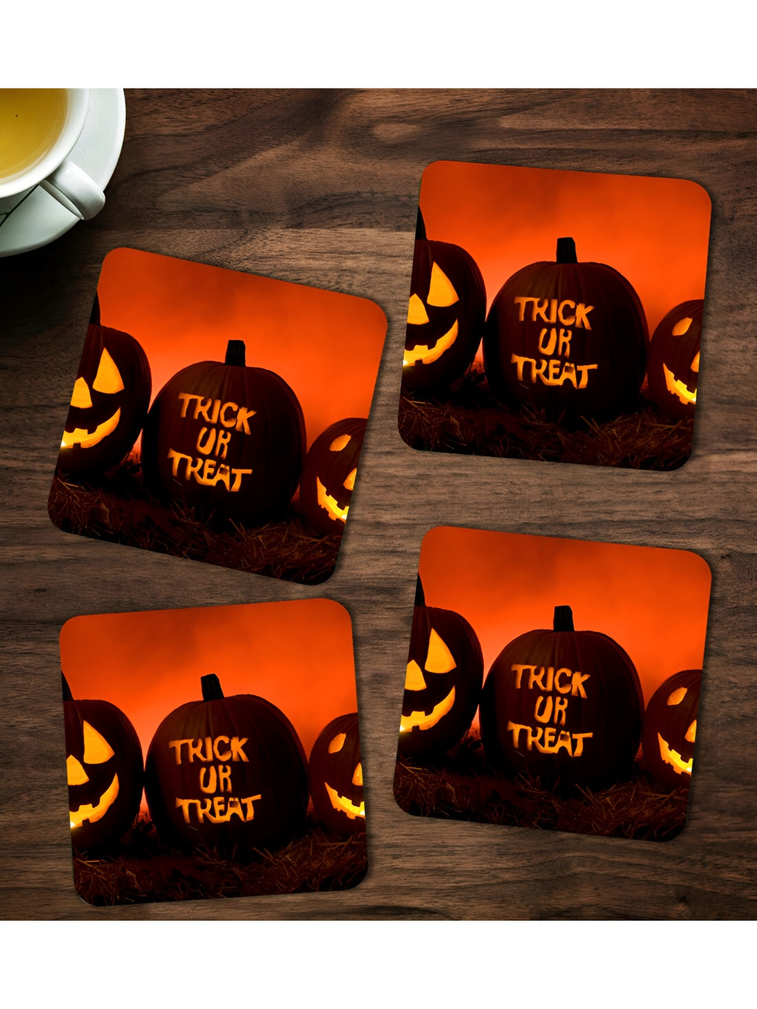 ARTBUG 4 Pieces Black & Orange Printed Wooden Coasters