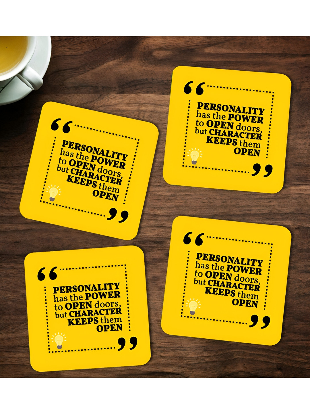 ARTBUG Black & Yellow 4 Pieces Personality Has The Power Printed Wooden Coasters