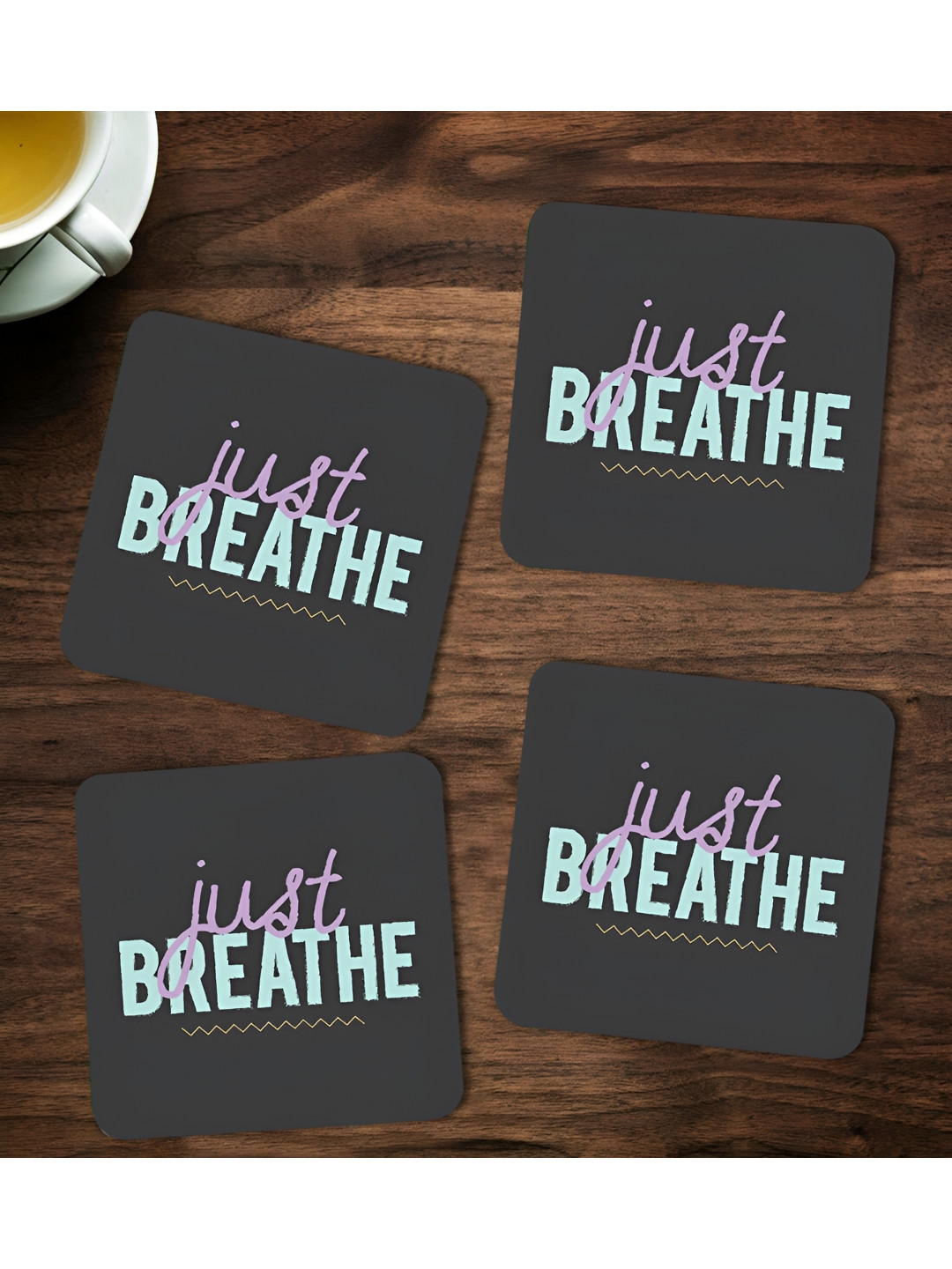 ARTBUG Black & Blue 4 Pieces Just Breathe Printed Wooden Coasters