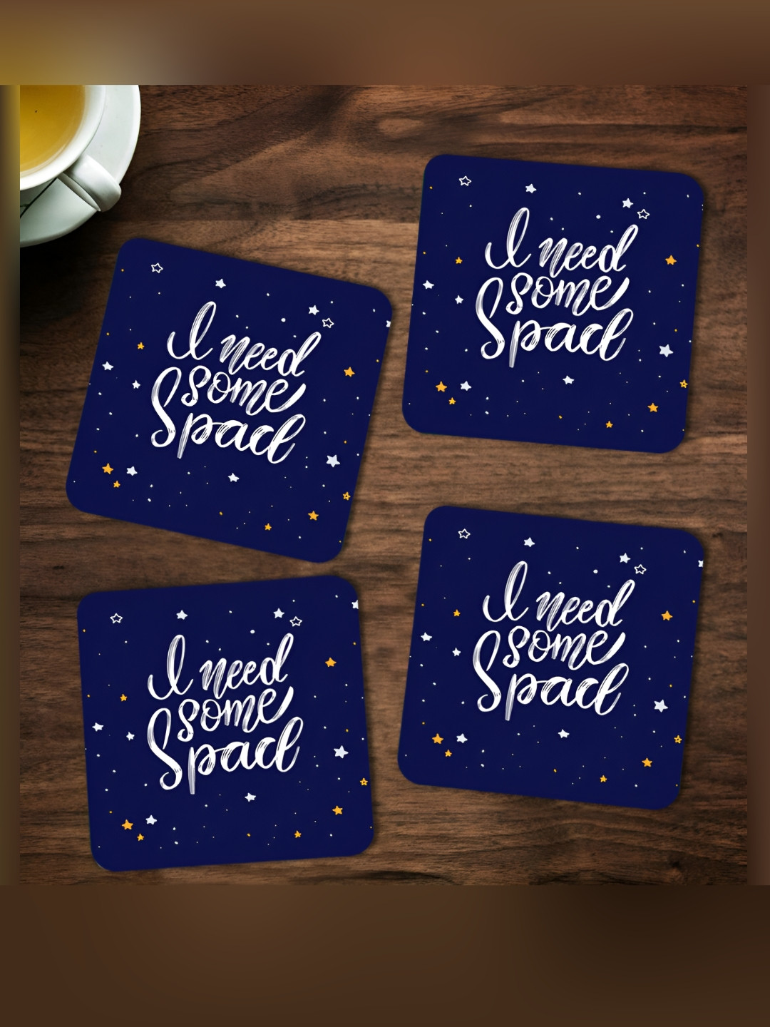 ARTBUG Blue & White 4 Pieces I Need More Space Printed Wooden Coasters