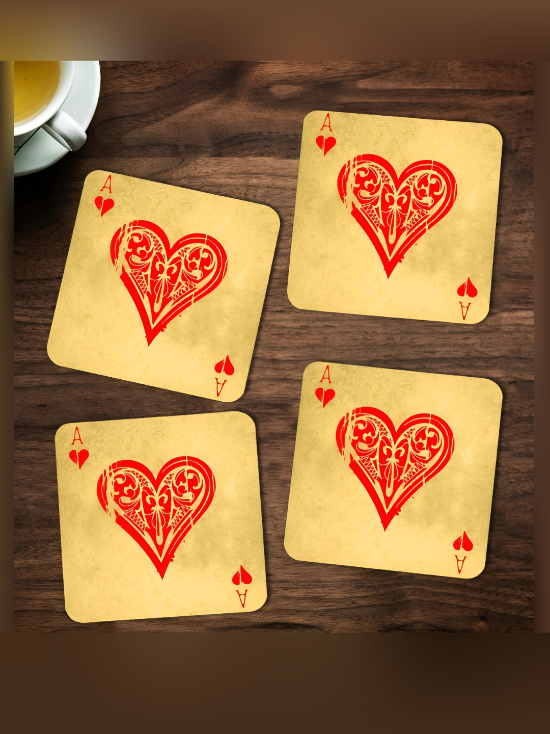 ARTBUG Beige & Orange 4 Pieces Ace Of Hearts Printed Wooden Coasters