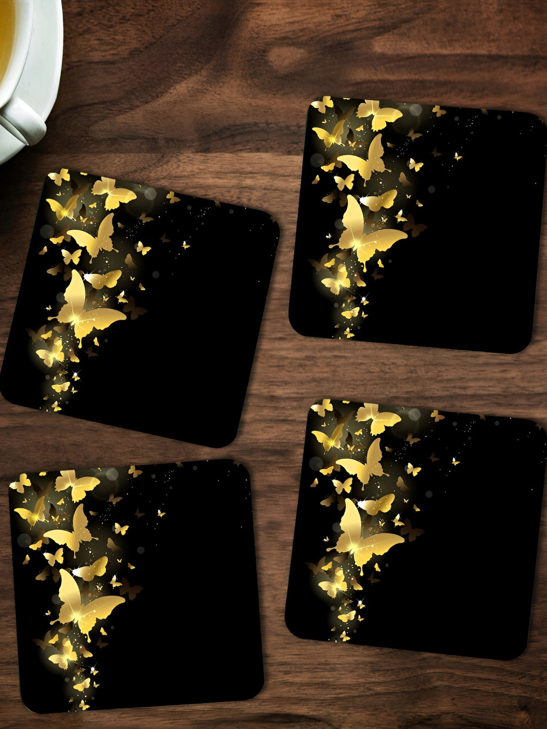 ARTBUG Black & Gold Toned 4 Pieces Butterflies Printed Wooden Coasters