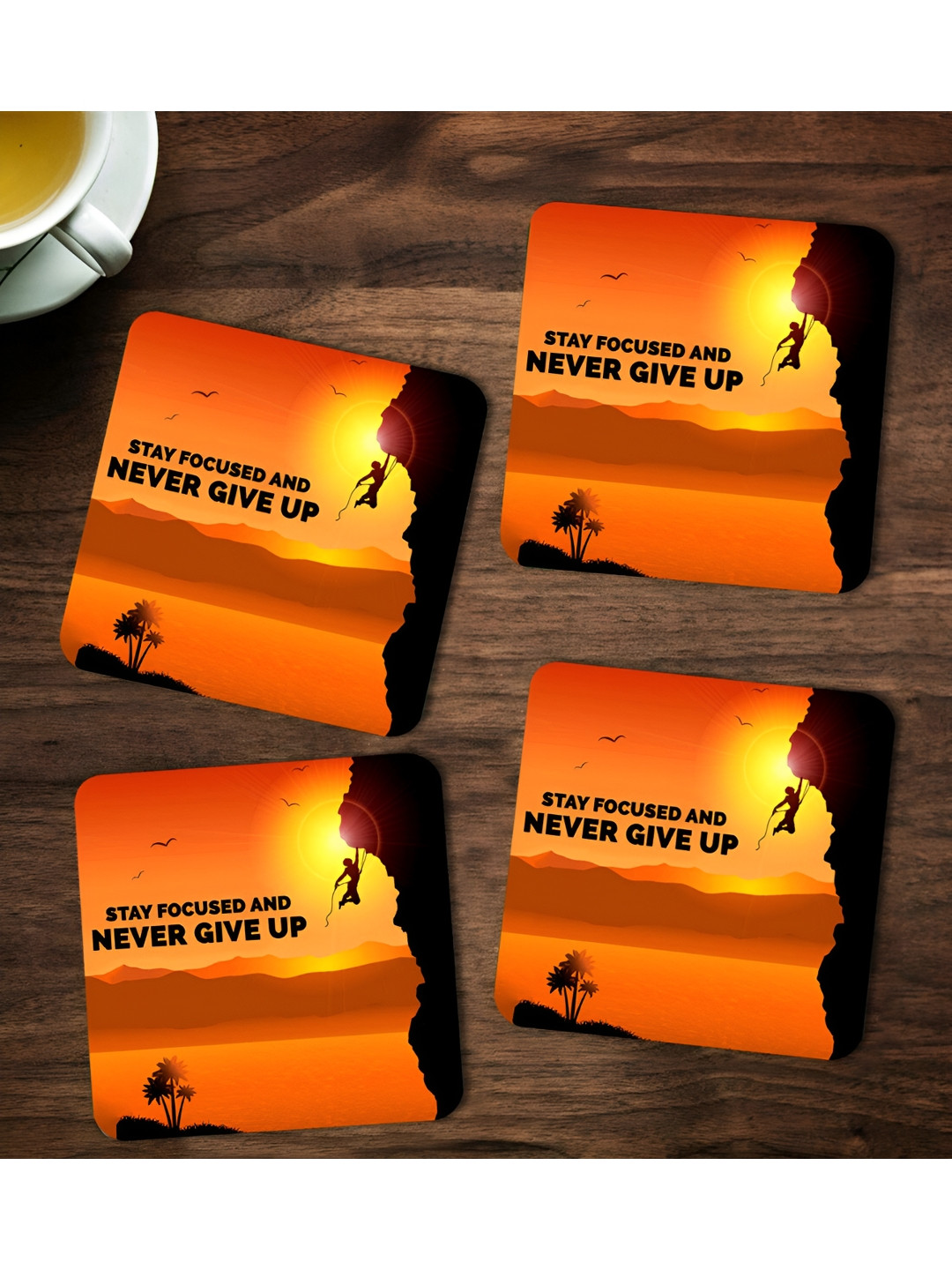 ARTBUG Orange & Black 4 Pieces Stay Focused And Never Give Up Printed Wooden Coasters