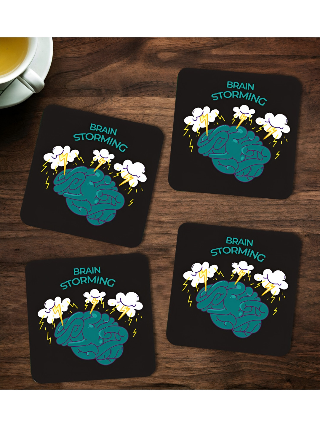 ARTBUG Black & Teal Green 4 Pieces Brain Storming Printed Wooden Coasters