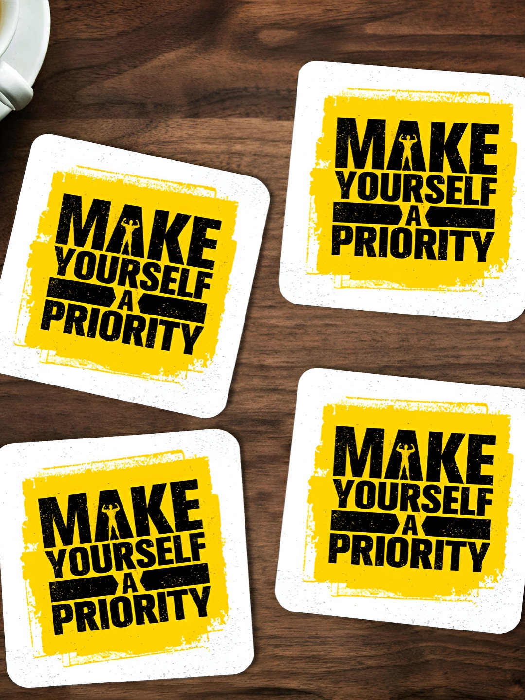 ARTBUG  White & Yellow 4 Pieces Make Yourself A Priority Printed Wooden Coasters