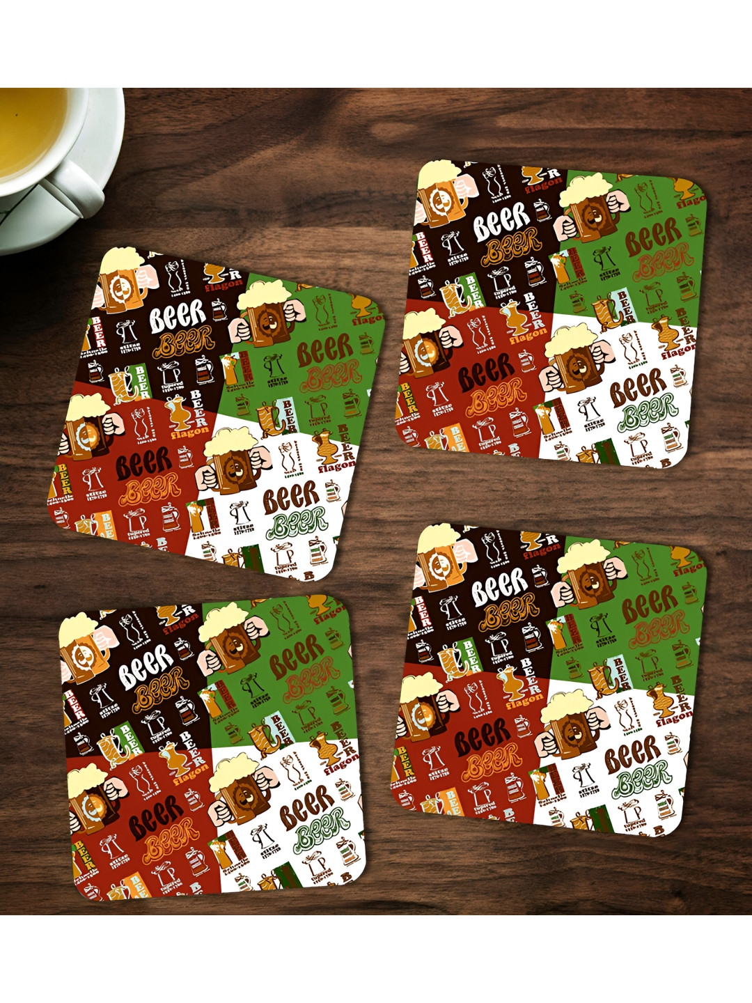 ARTBUG Green & Black 4 Pcs Wooden Beer Printed Coasters