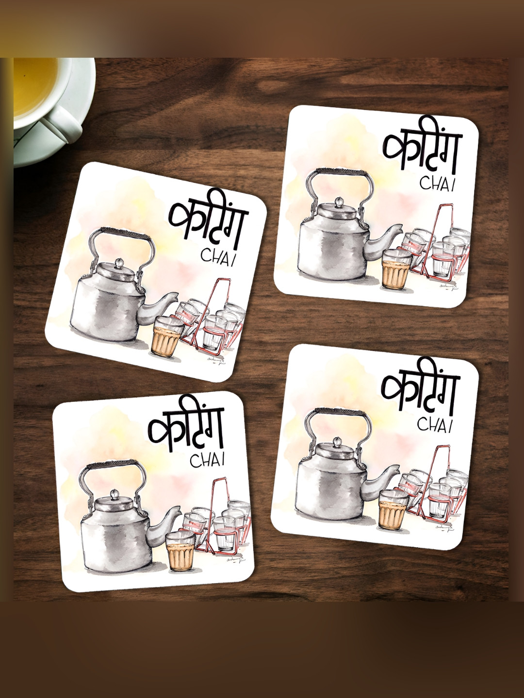 ARTBUG White & Pink 4 Pcs Cutting Chai Wooden Printed Coasters