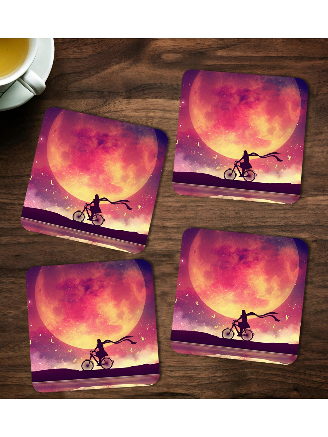 ARTBUG  Cream & Purple 4 Pcs Printed Wooden Coasters