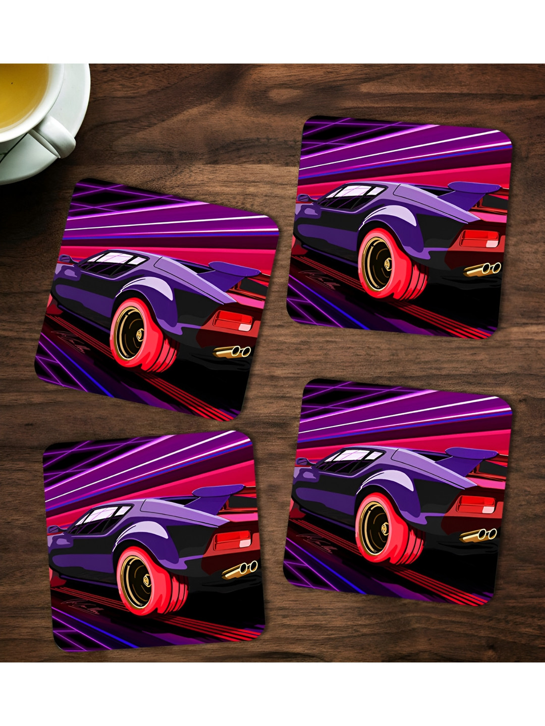 ARTBUG  Purple & Red 4 Pcs Printed Wooden Coasters