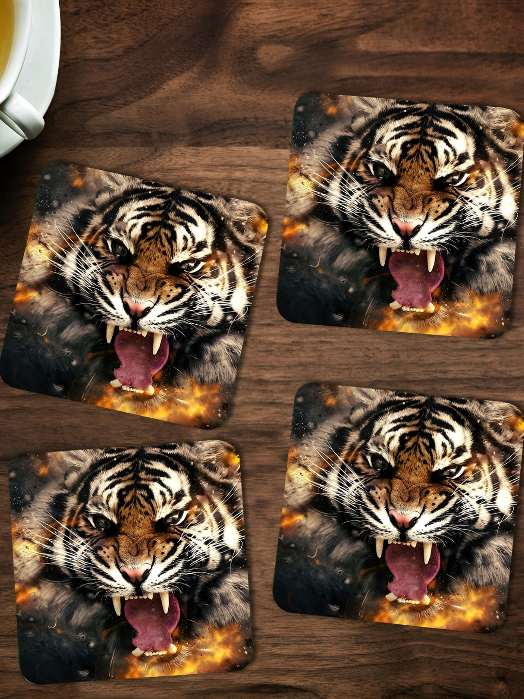 ARTBUG Black & Brown 4 Pieces Tiger Printed Square Wooden Coasters