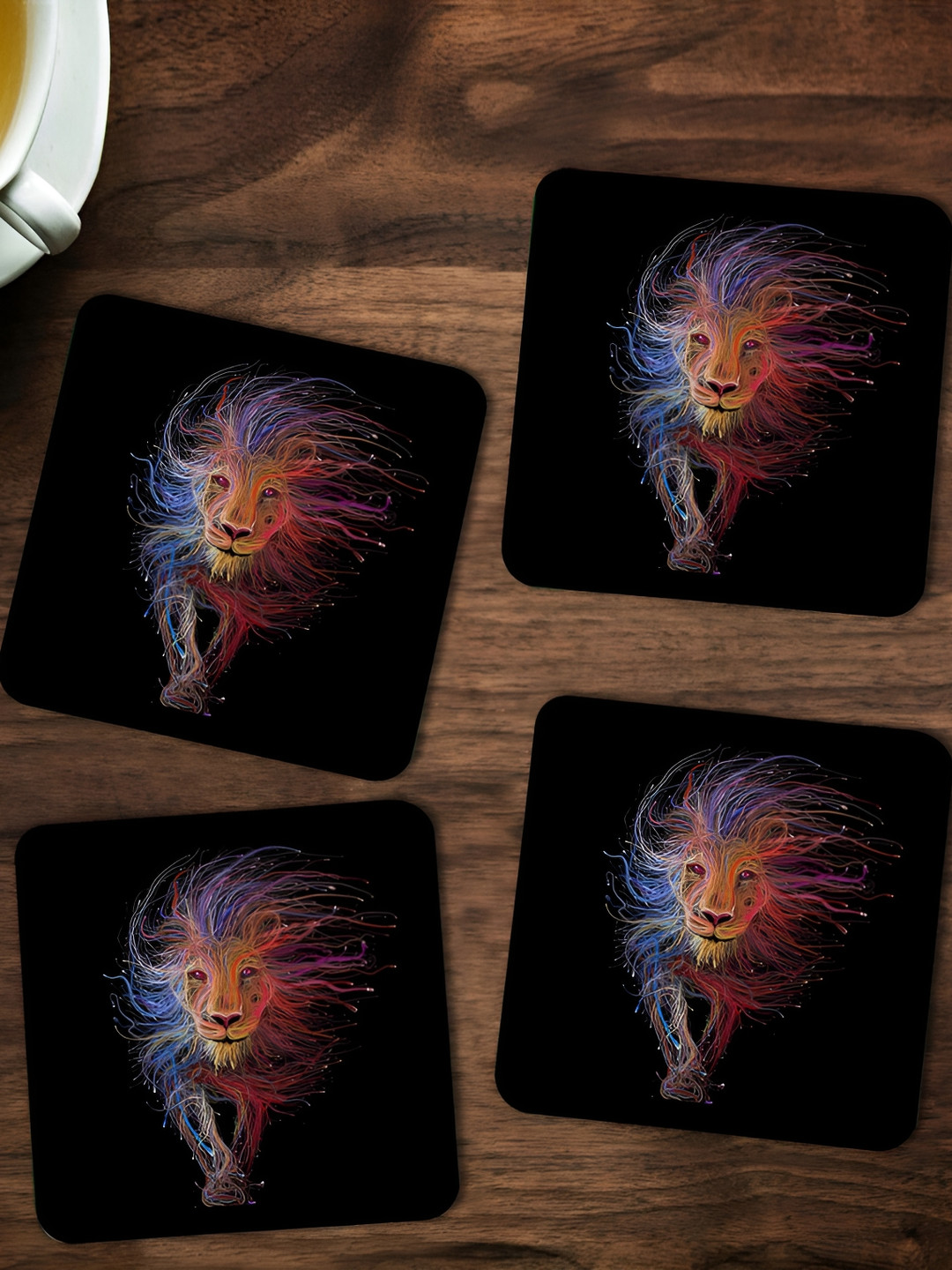 ARTBUG Black & Blue 4 Pieces Lion Printed Square Wooden Coasters