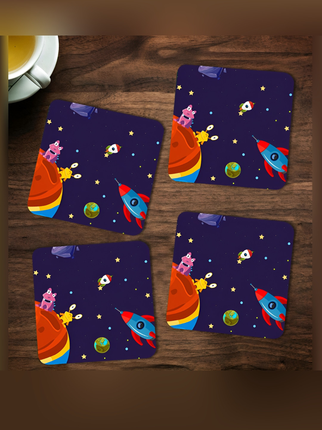 ARTBUG Blue & Yellow 4 Pieces Space Printed Square Wooden Coasters